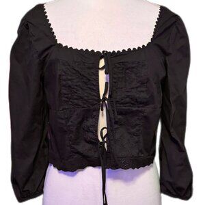 Self E Lace Up Peasant Top Eyelet Long Sleeve Black Scallop Cottagecore Large